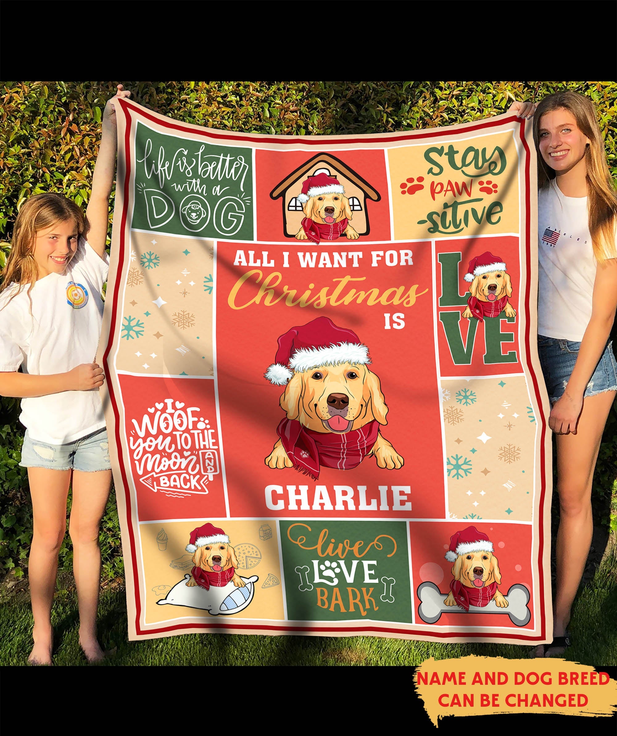 Personalized custom fleece blanket for pet lovers, dog with Santa hat, Christmas gift