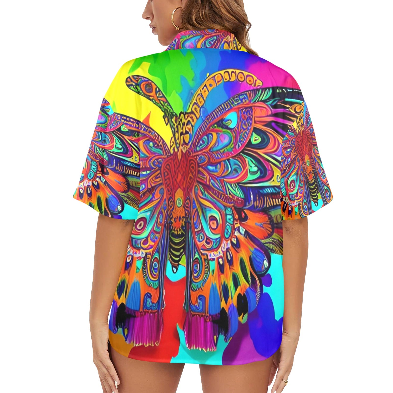 Women's All Over Print Hawaiian Shirt NEON BUTTERFLY