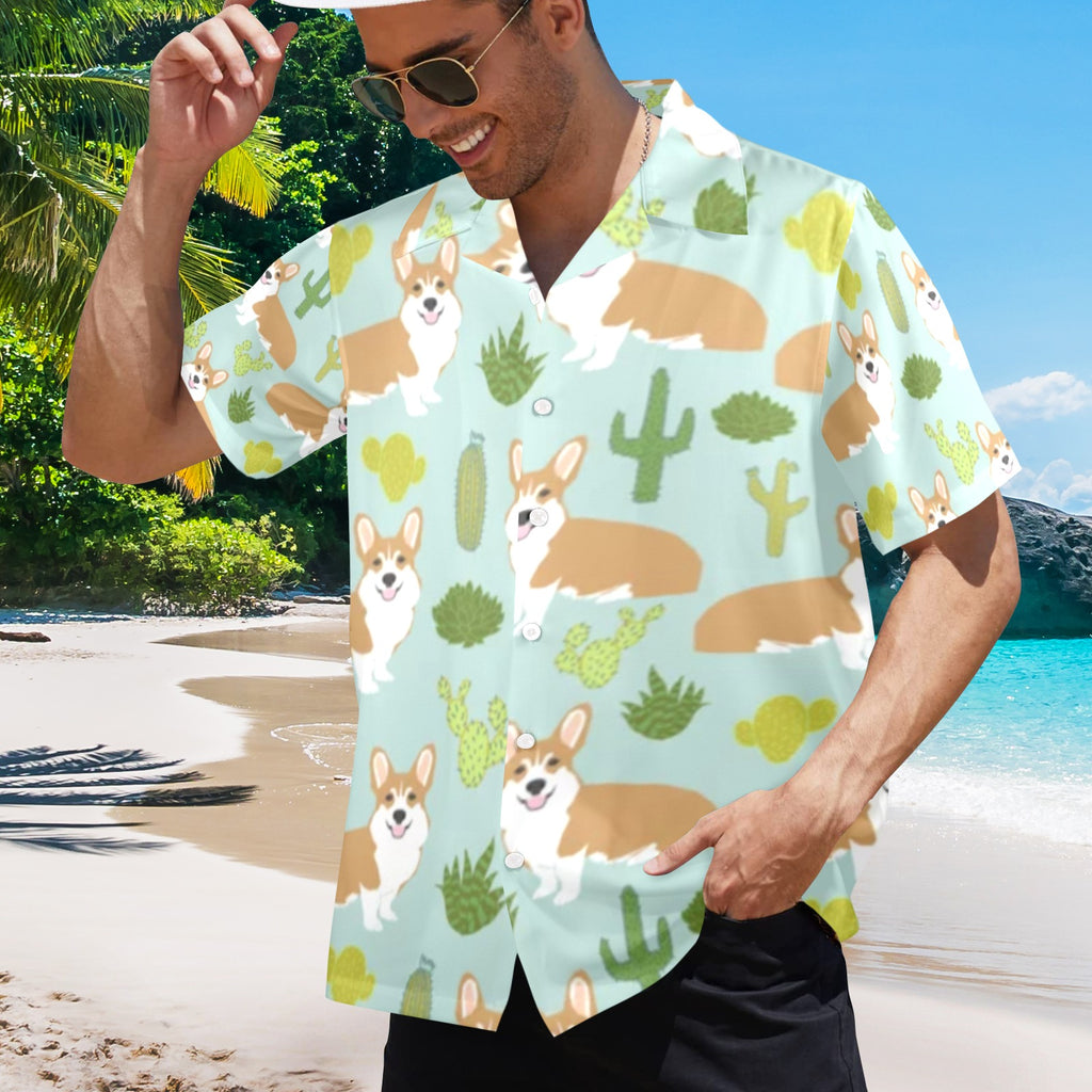 Men's All Over Print Hawaiian Shirt CORGI AND CACTI