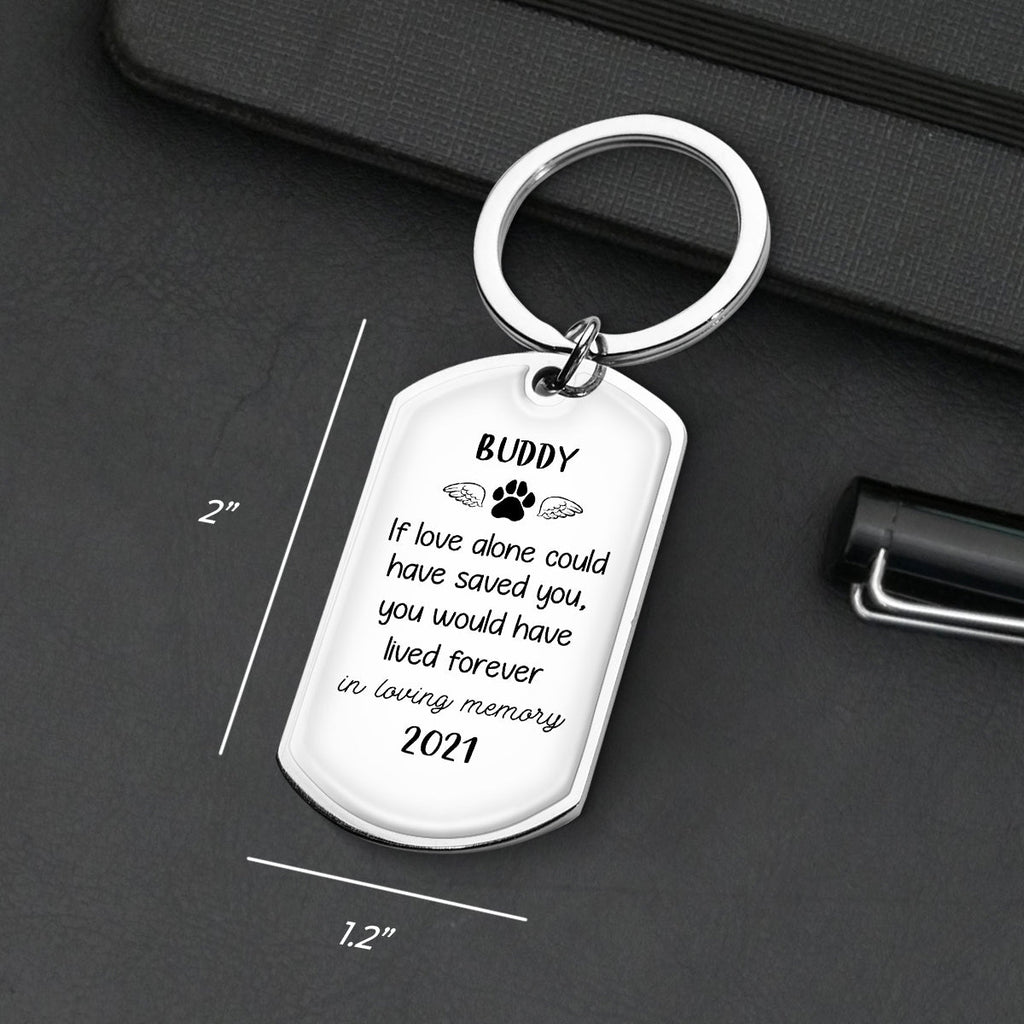 Stainless steel pet memorial keychain with engraved quote and paw print, lasting memory gift.