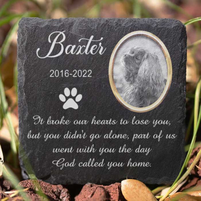Slate pet memorial stone with Bades' image, paw print, and a touching memorial quote, a perfect pet loss gift