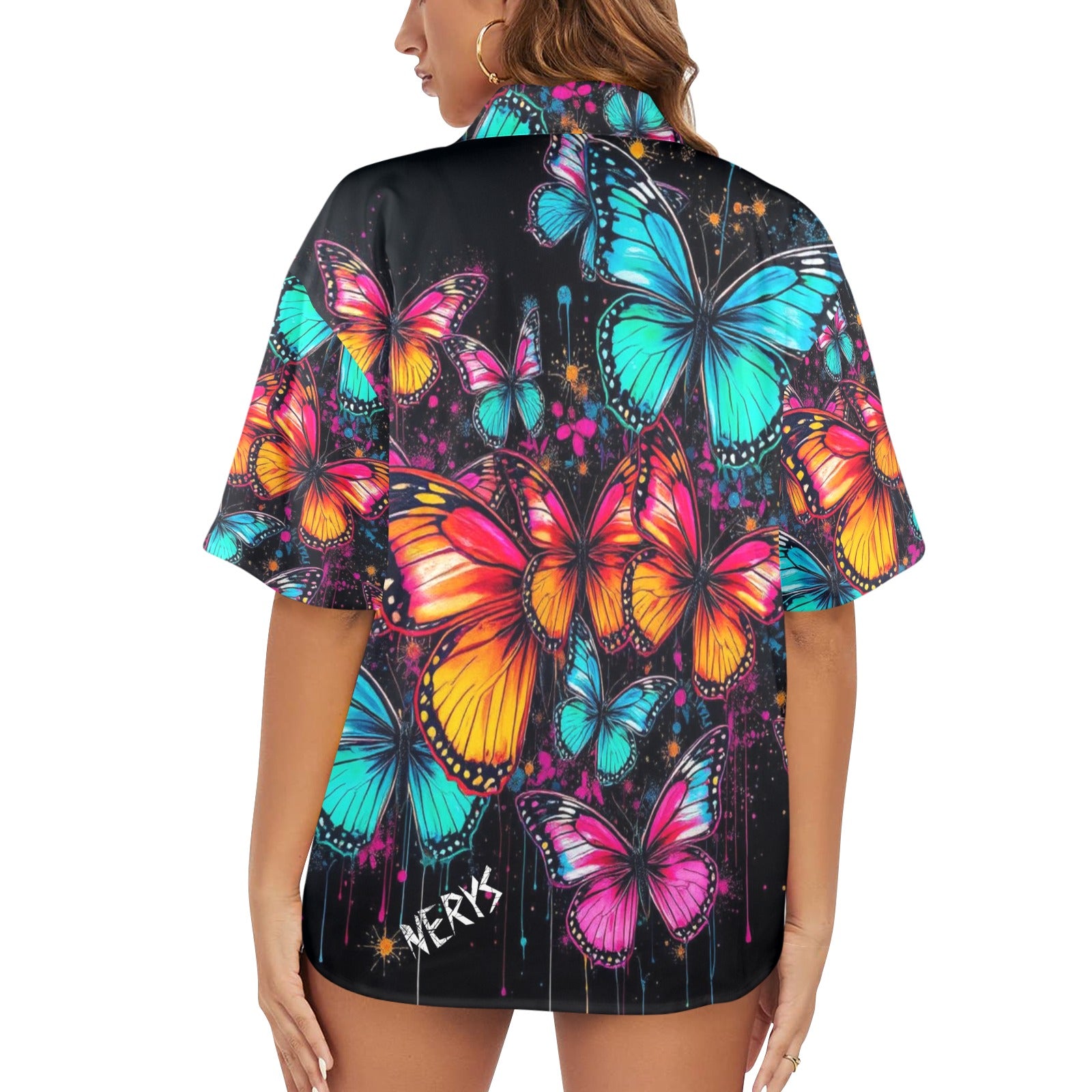 Women's All Over Print Hawaiian Shirt BUTTERFLY GRAFFITI