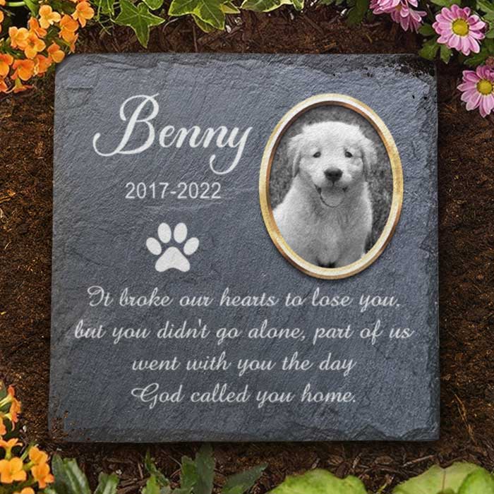Pet memorial stone featuring Benny's image and touching quote