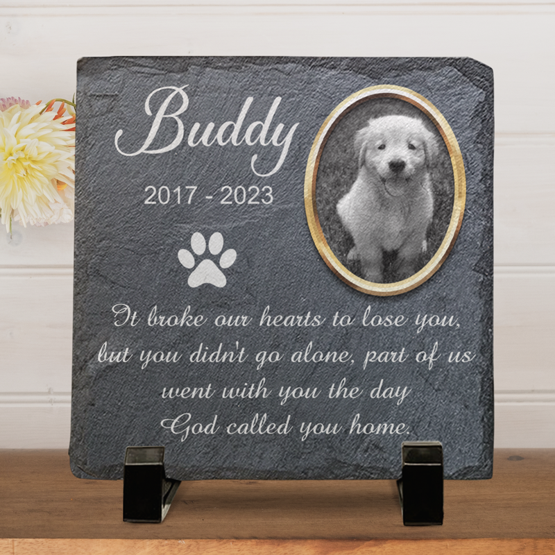 Buddy memorial stone, slate, features a photo of a dog, paw print, and touching quote.