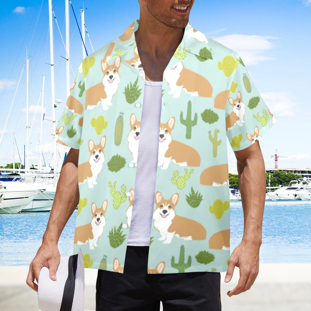 Men's All Over Print Hawaiian Shirt CORGI AND CACTI