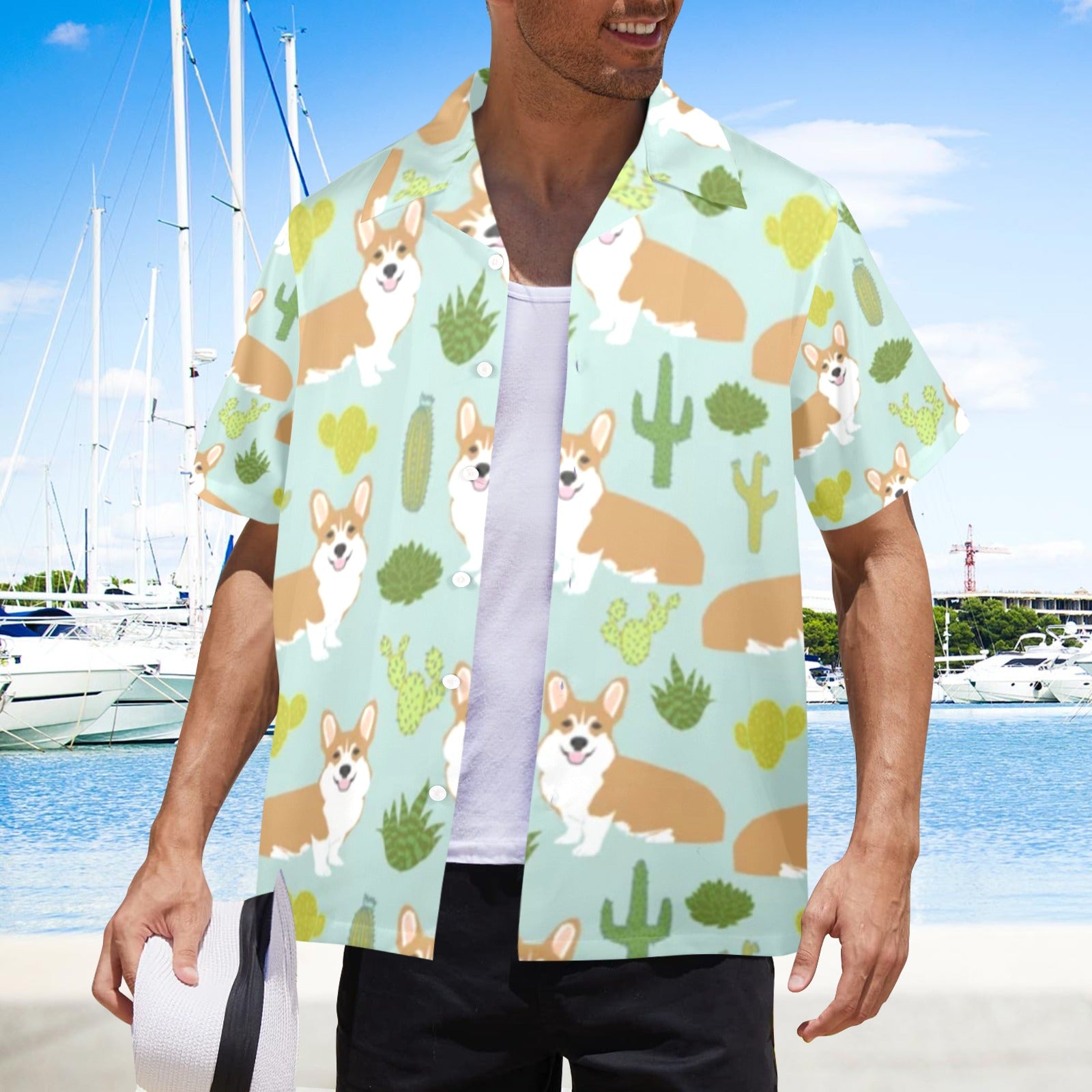 Men's All Over Print Hawaiian Shirt CORGI AND CACTI
