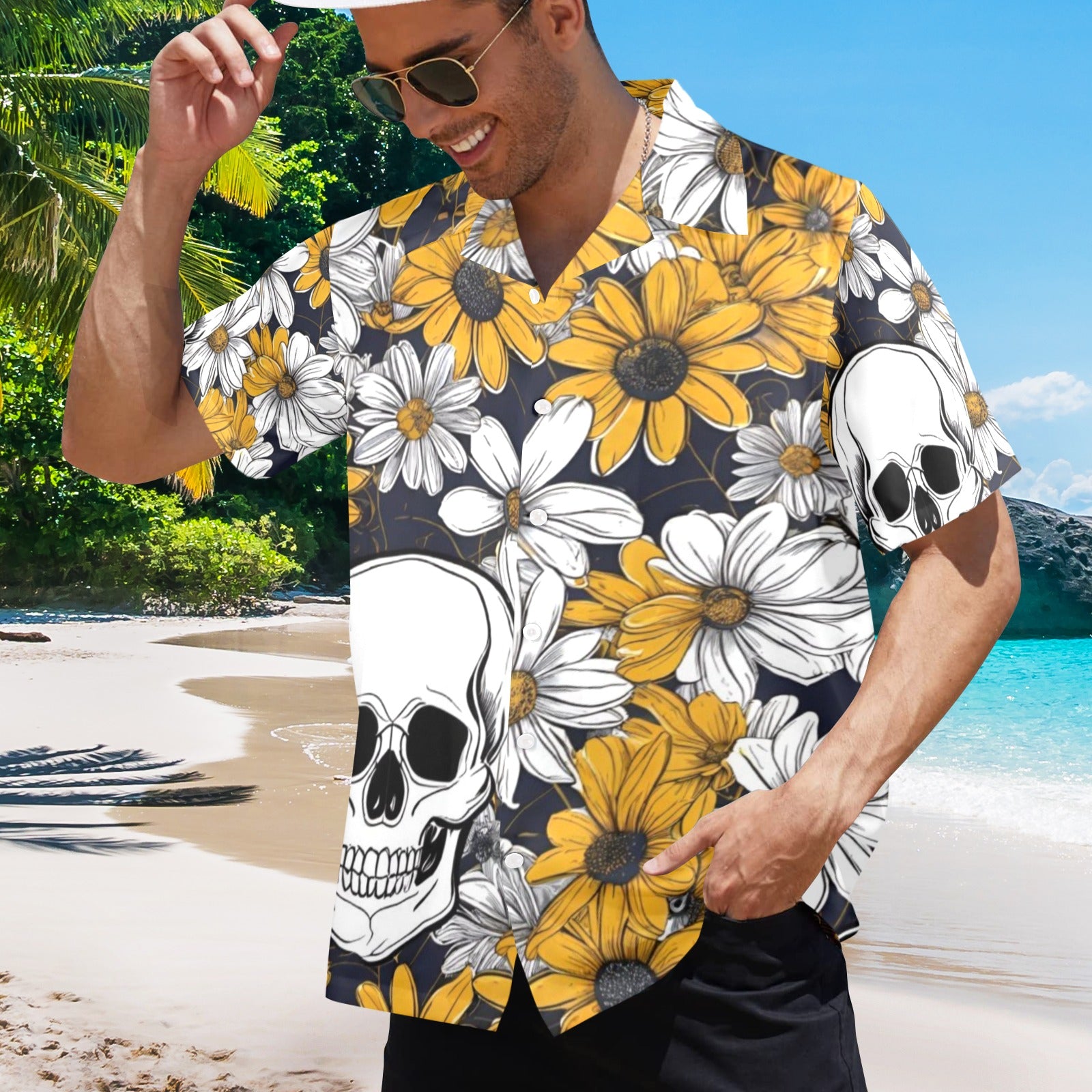 Men's All Over Print Hawaiian Shirt SKULLS AND DAISIES