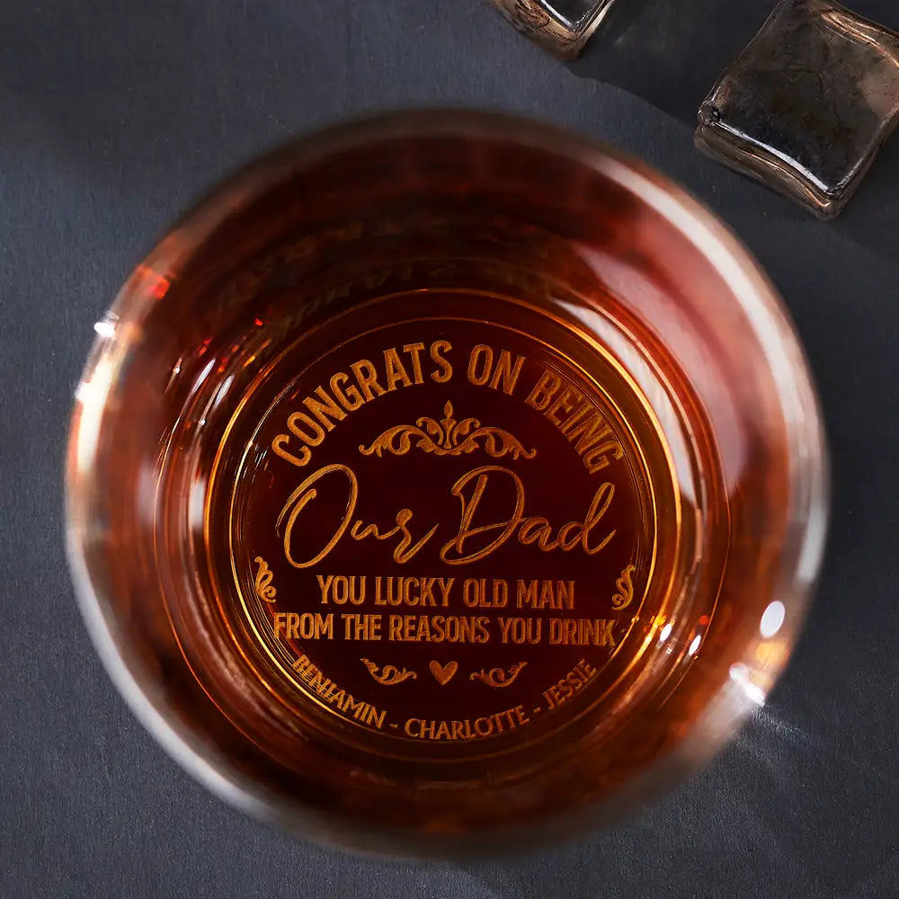 Personalized whiskey glass engraved with 'Congrats on being my Dad' message, ideal Father's Day gift