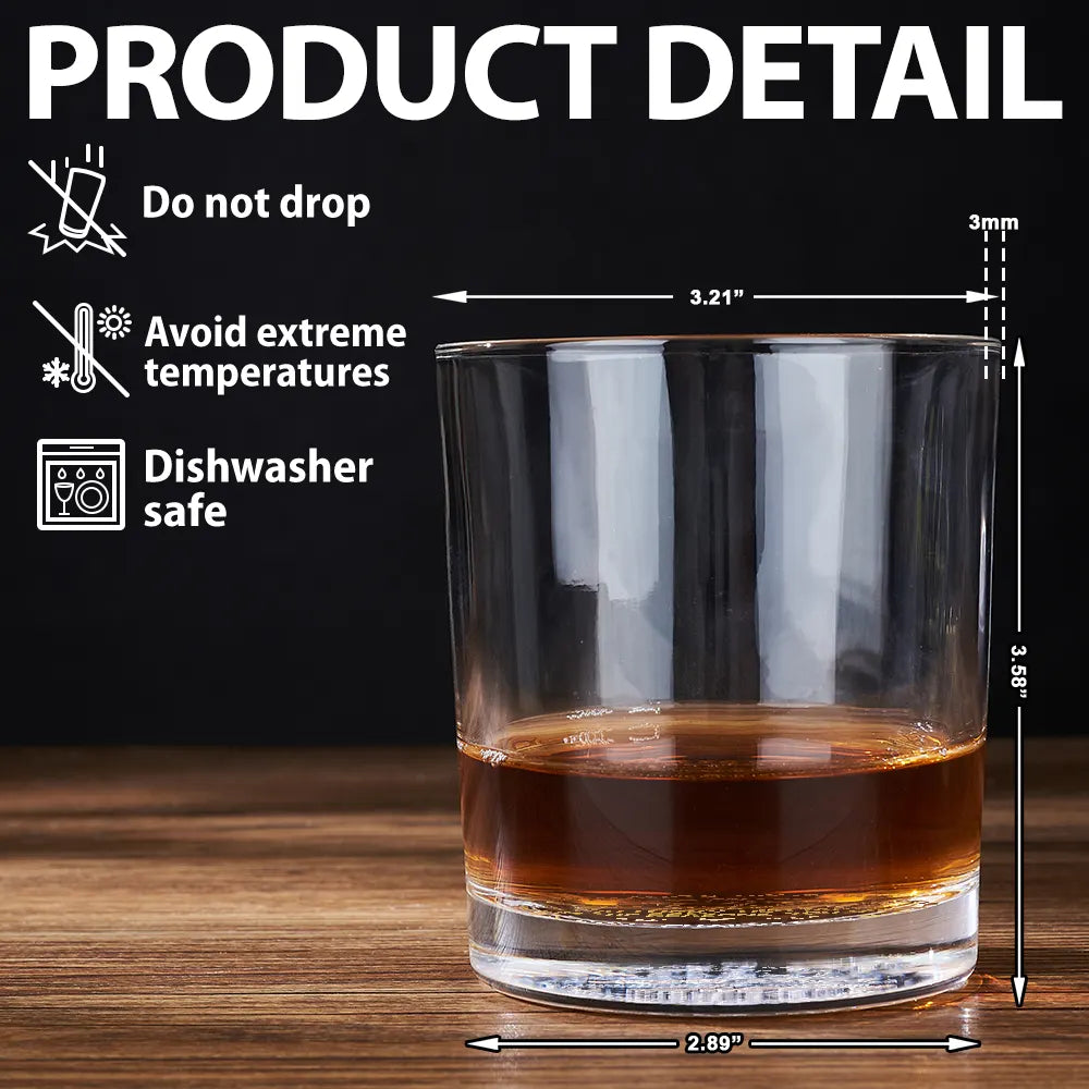 Personalized Whiskey Glass Product Detail: Dishwasher Safe, Do Not Drop, Avoid Extreme Temperatures