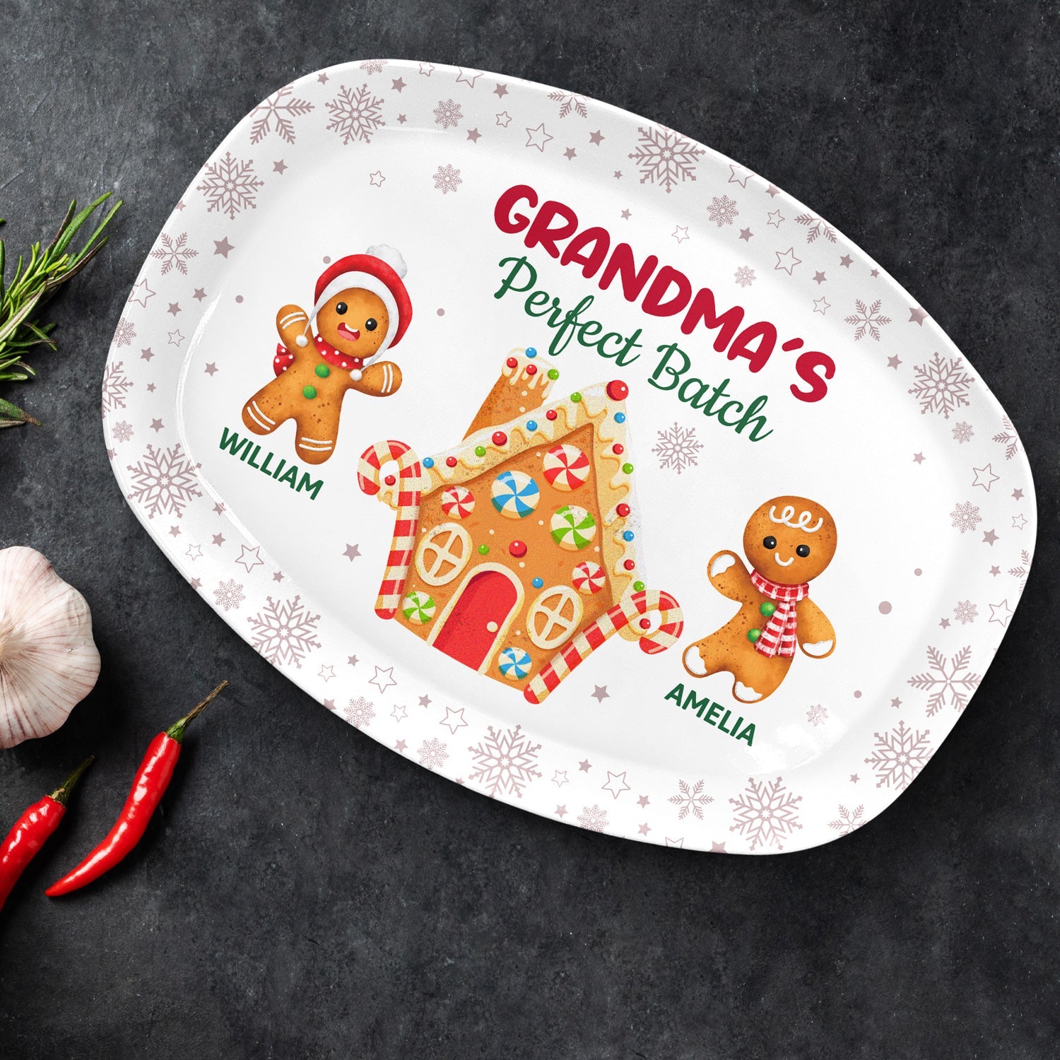 Personalized Grandma's Perfect Batch platter with gingerbread design, Christmas gift, BPA-Free plastic.