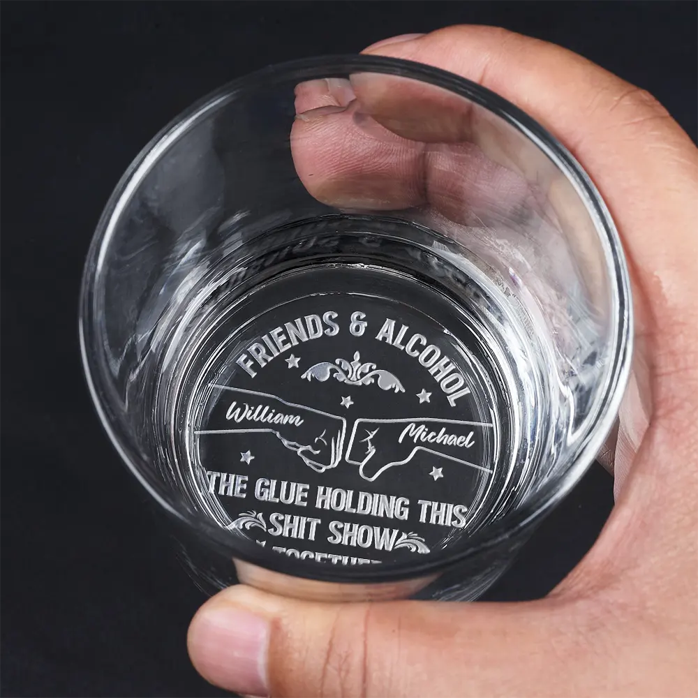 Engraved whiskey glass with Friends & Alcohol message, personalized friendship gift.