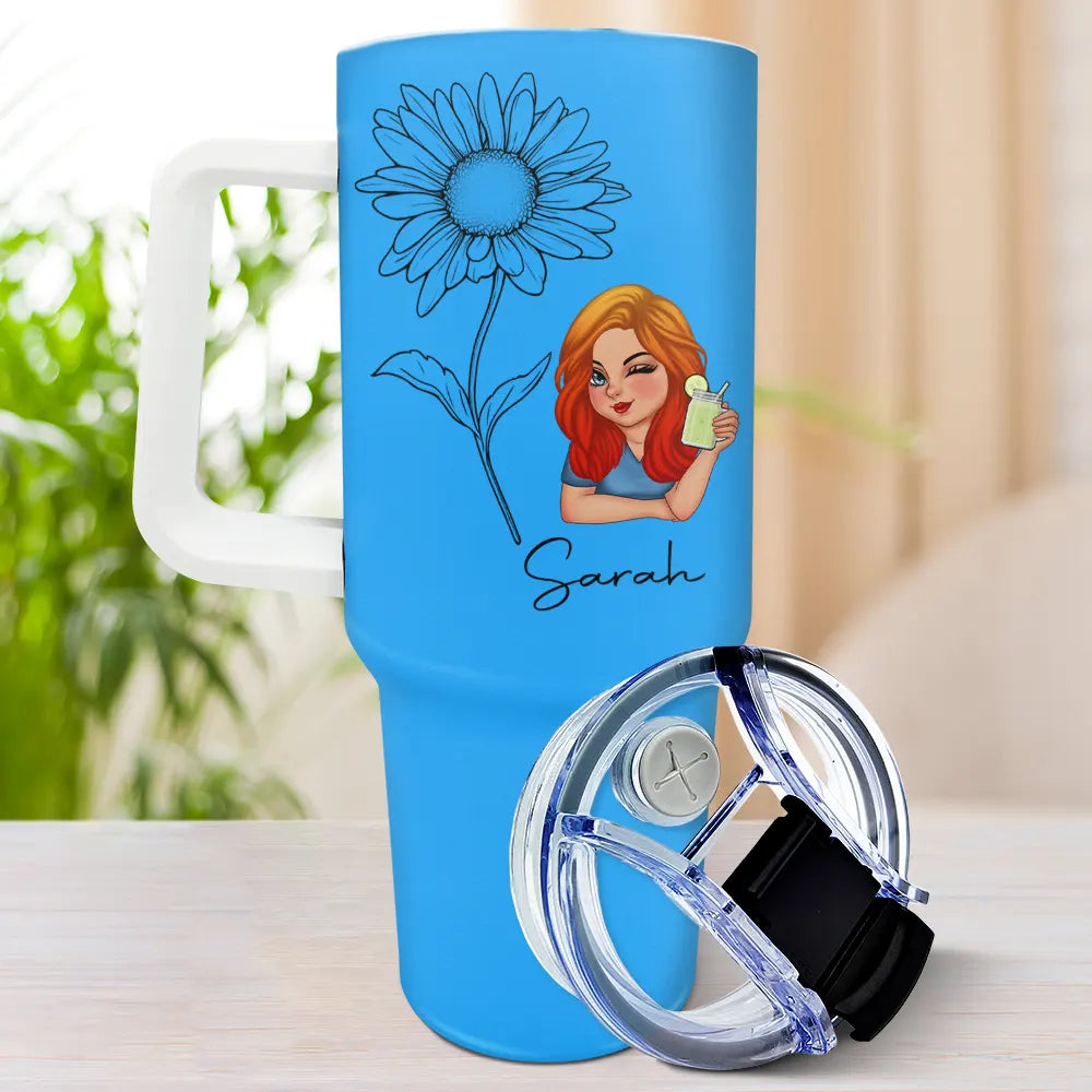 Blue personalized 40oz tumbler with 'Bloom Where You're Planted' floral design, stainless steel, ideal gift.