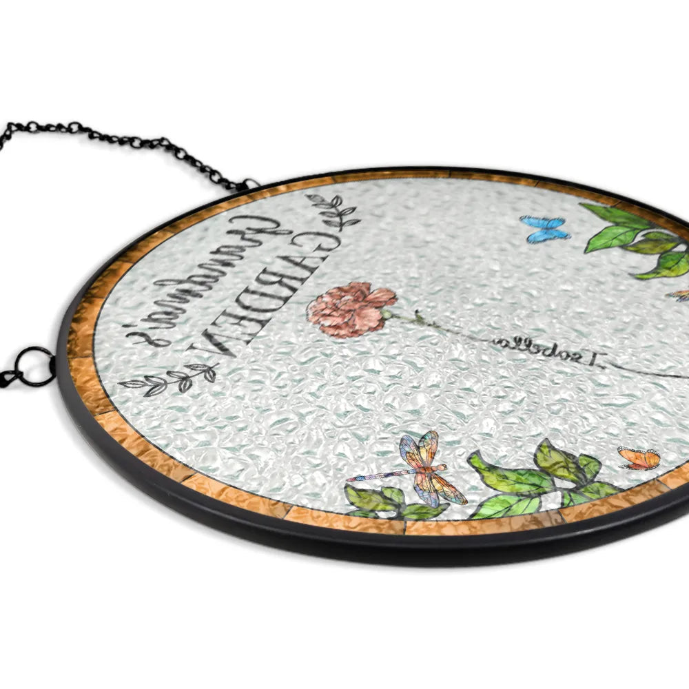 Birth Flower Grandma's Garden stained glass suncatcher, personalized gift for grandma, floral design, metal frame.