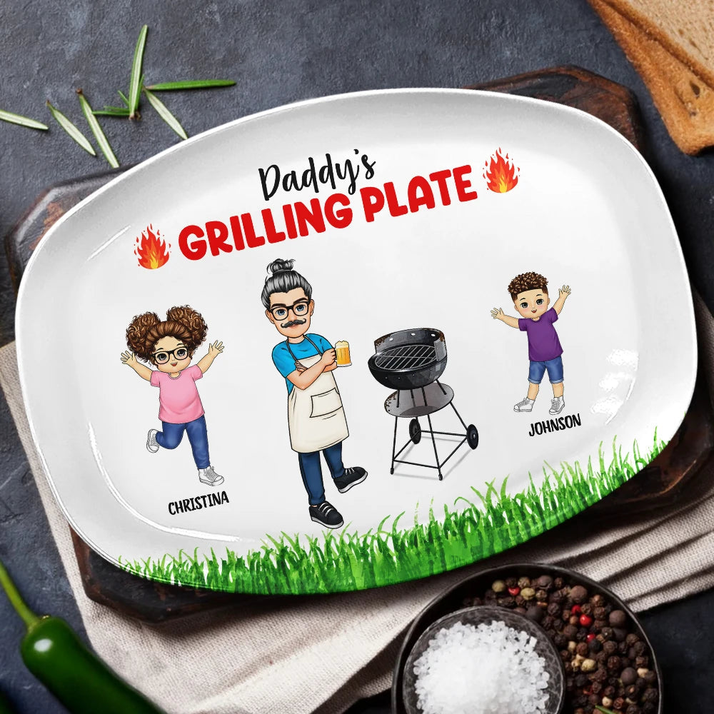 Personalized Grilling Plate with Family Illustration - Awesome BBQ Gift for Dad