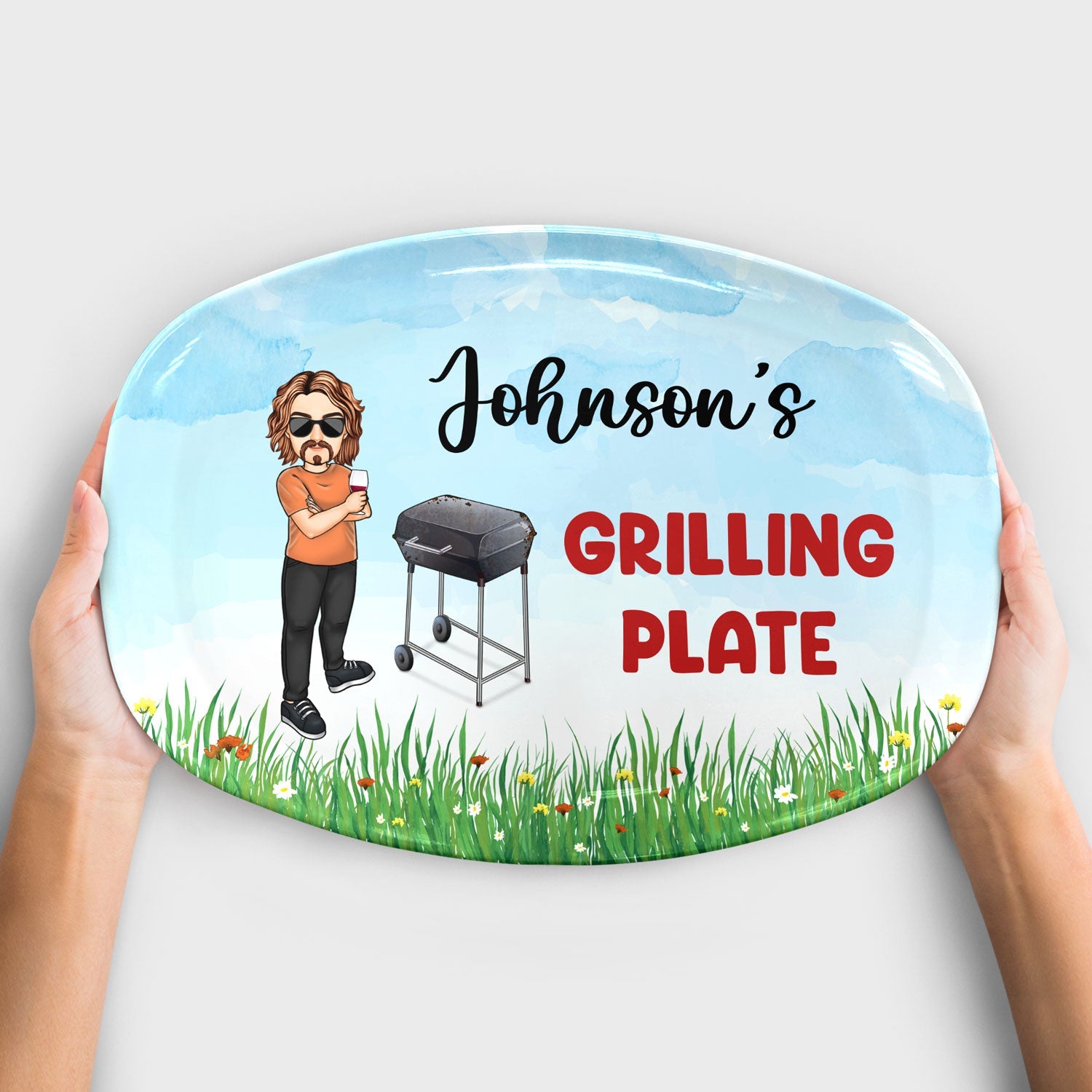 Custom Grilling Plate with "Johnson's Grilling Plate" text and BBQ design, BPA-Free plastic, personalized BBQ gift.