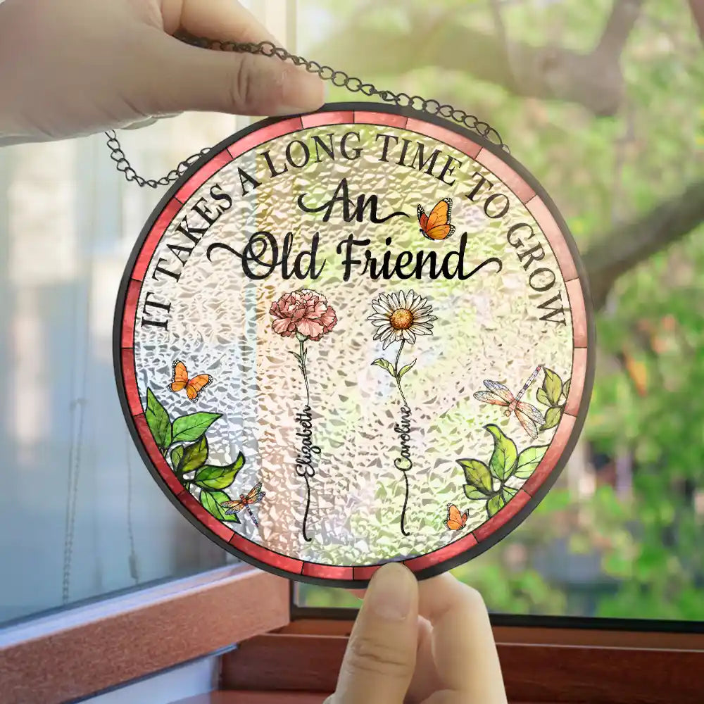 Personalized Grow An Old Friend Stained Glass Suncatcher with floral design. Window hanging decoration with metal frame.