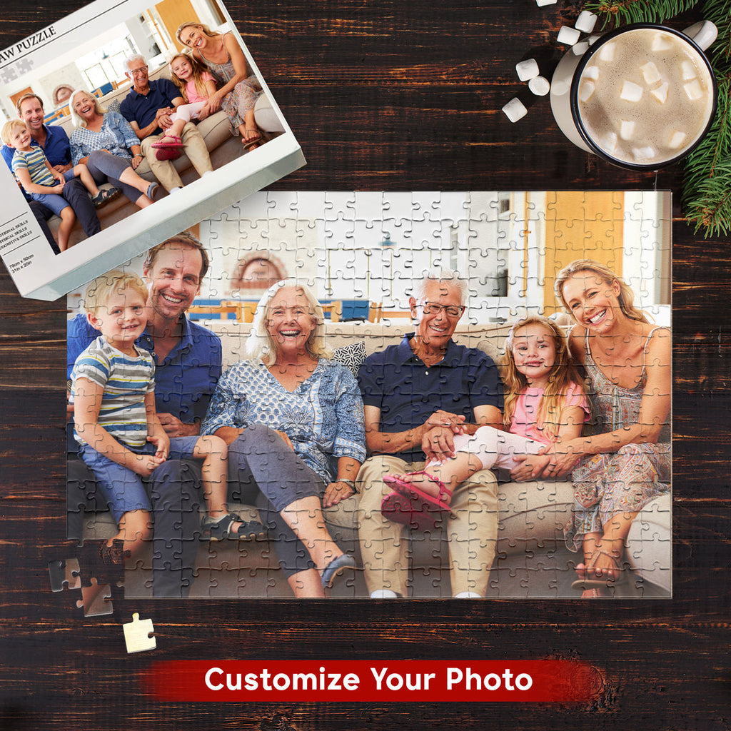Personalized photo jigsaw puzzle, featuring a family gathering with grandparents, perfect family gift.