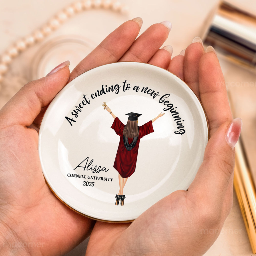 Personalized Graduation Jewelry Dish with 'A Sweet Ending To A New Beginning' design, a perfect graduation gift.