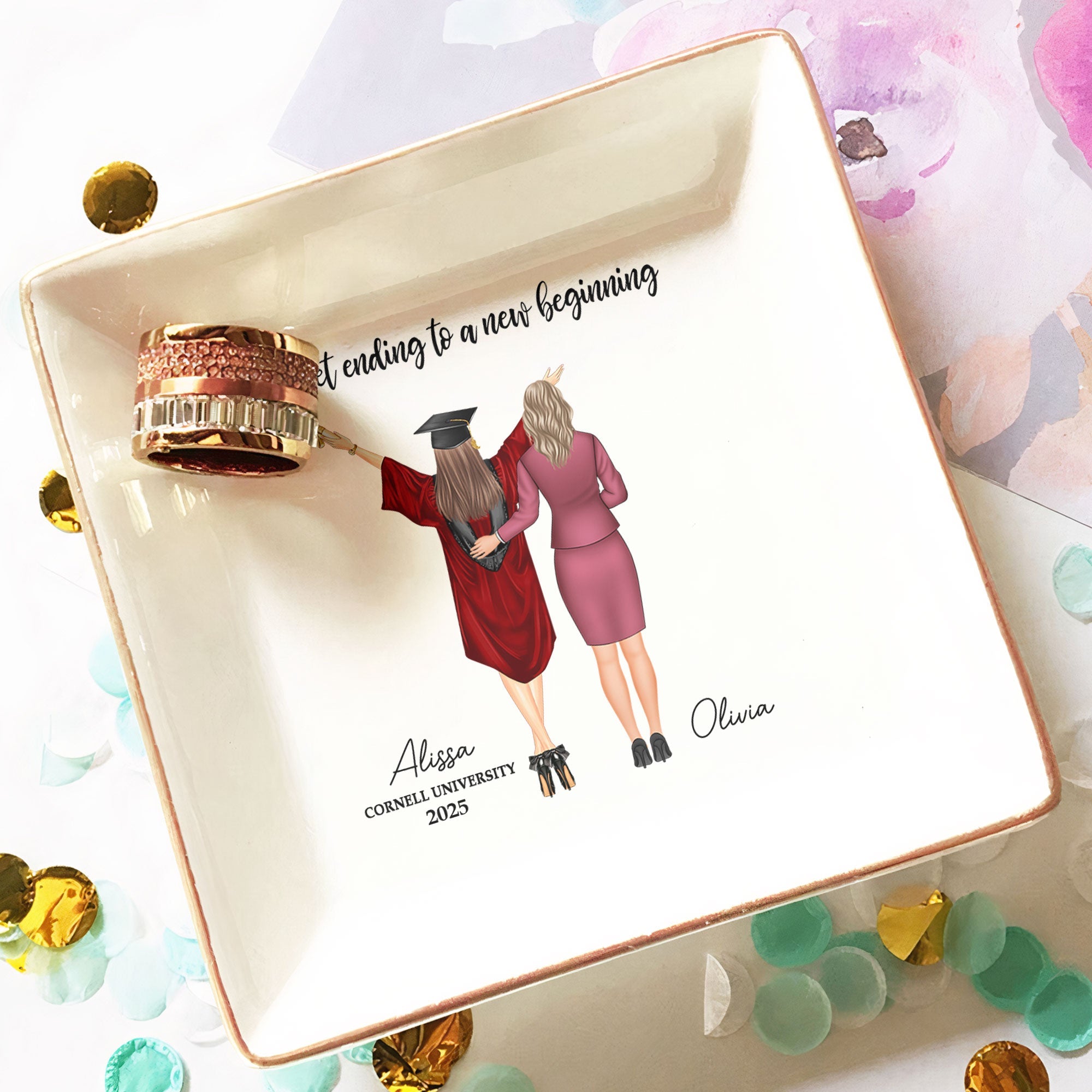 Personalized Graduation Jewelry Dish with "A Sweet Ending To A New Beginning" design, Graduation Gift for Her
