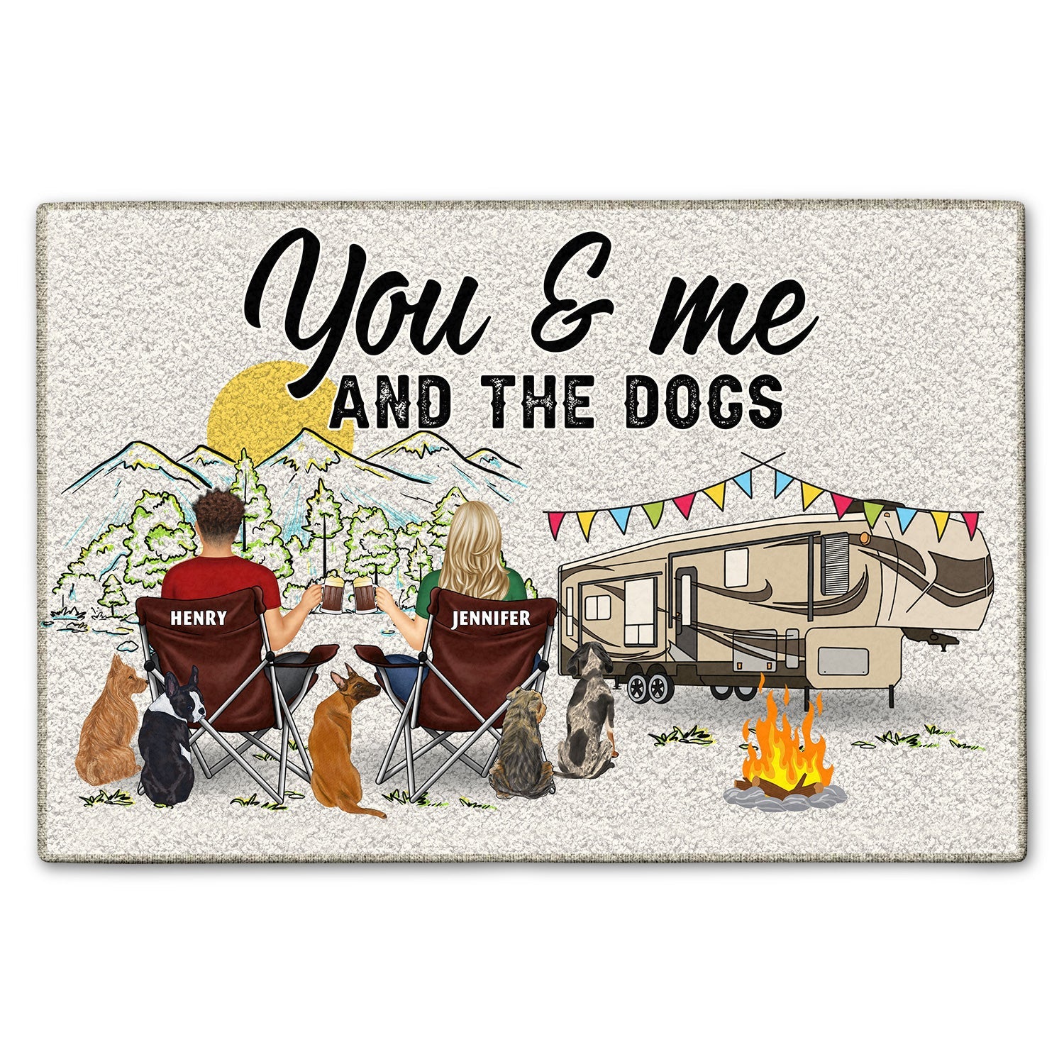 Personalized doormat featuring "Home is where we park it, you & me and the dogs"