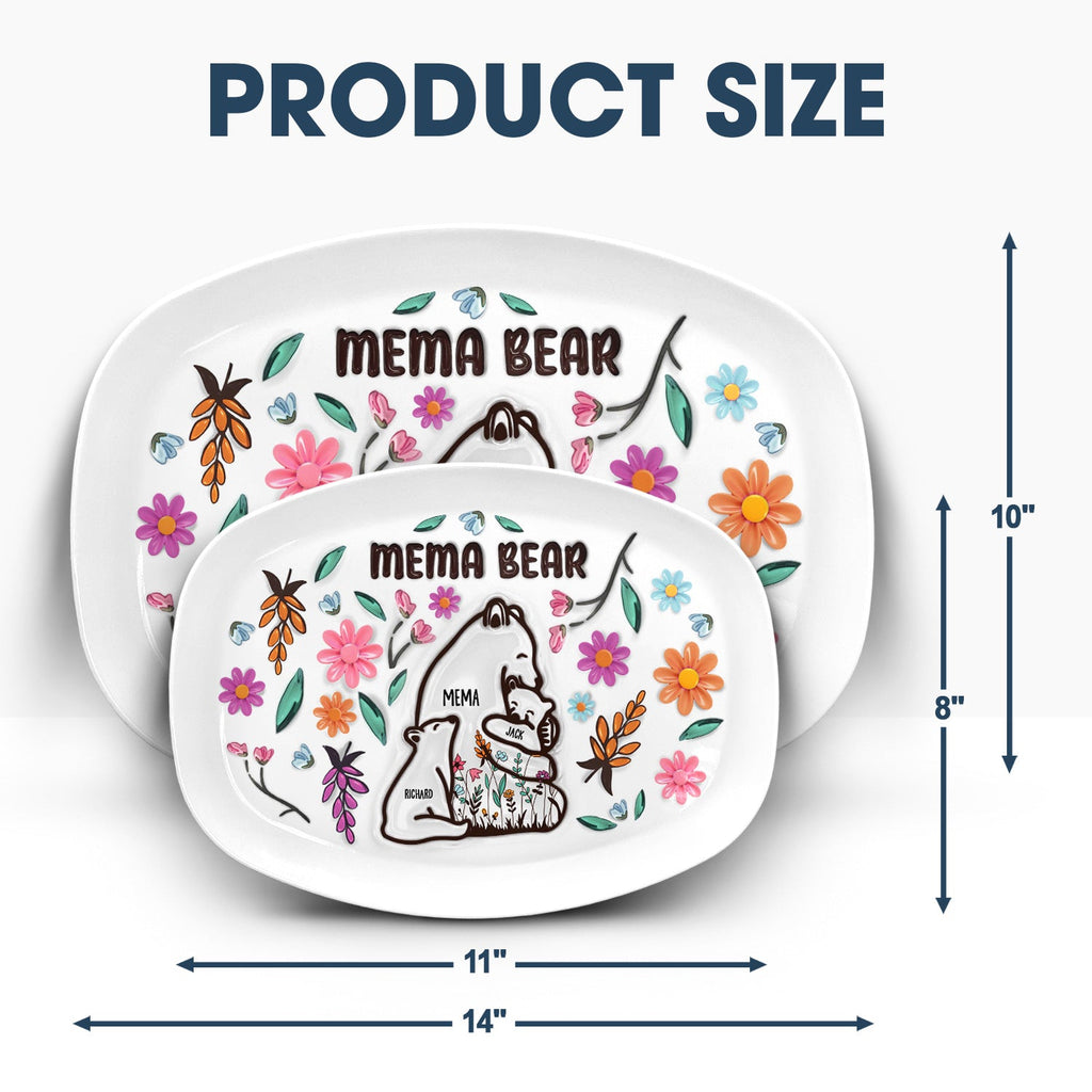 Mama Bear floral plate set in BPA-free plastic, featuring floral design and available in 11x8 and 14x10 sizes, perfect gift.