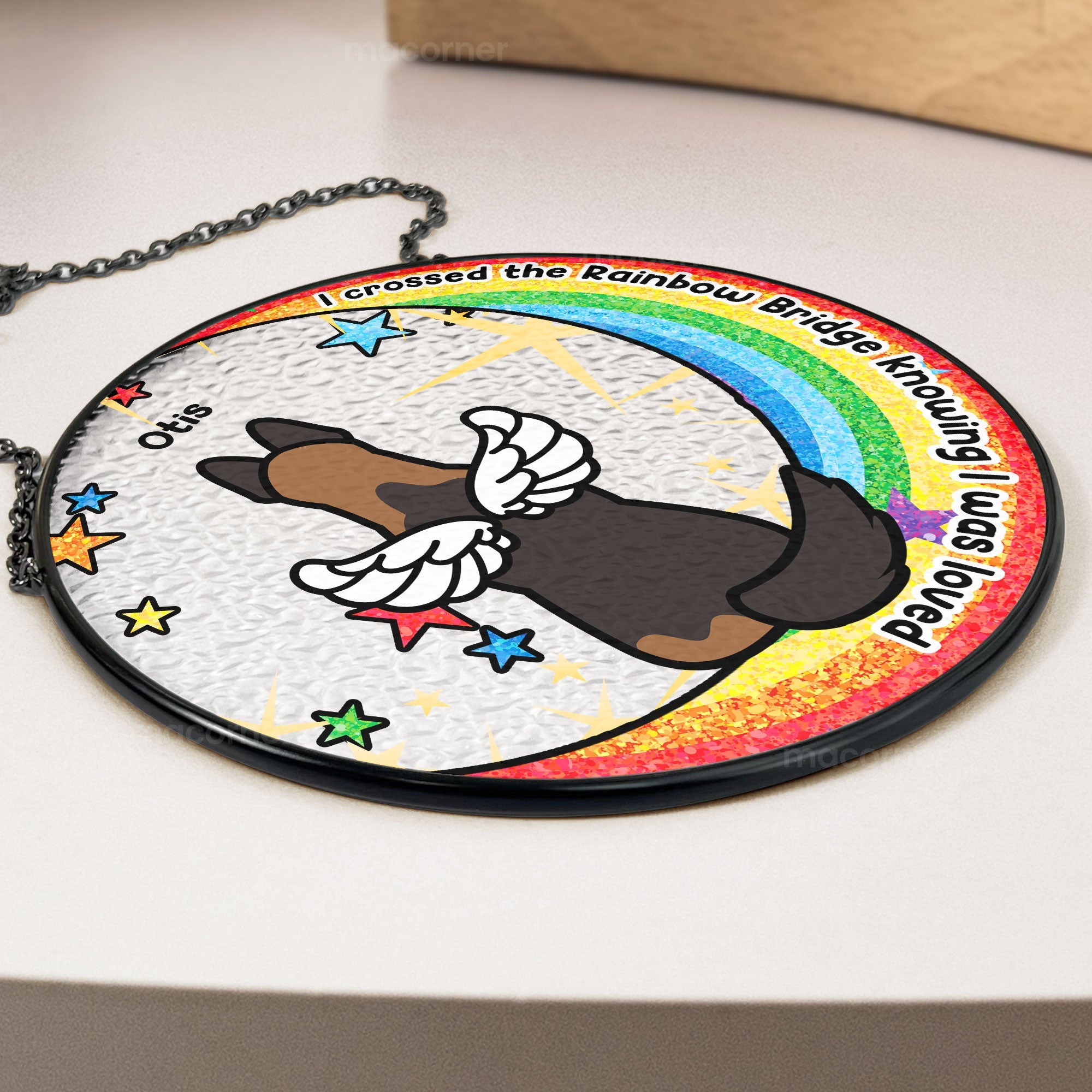 Dog memorial suncatcher with "I Crossed The Rainbow Bridge" text, featuring dog on moon and rainbow design, pet loss gift