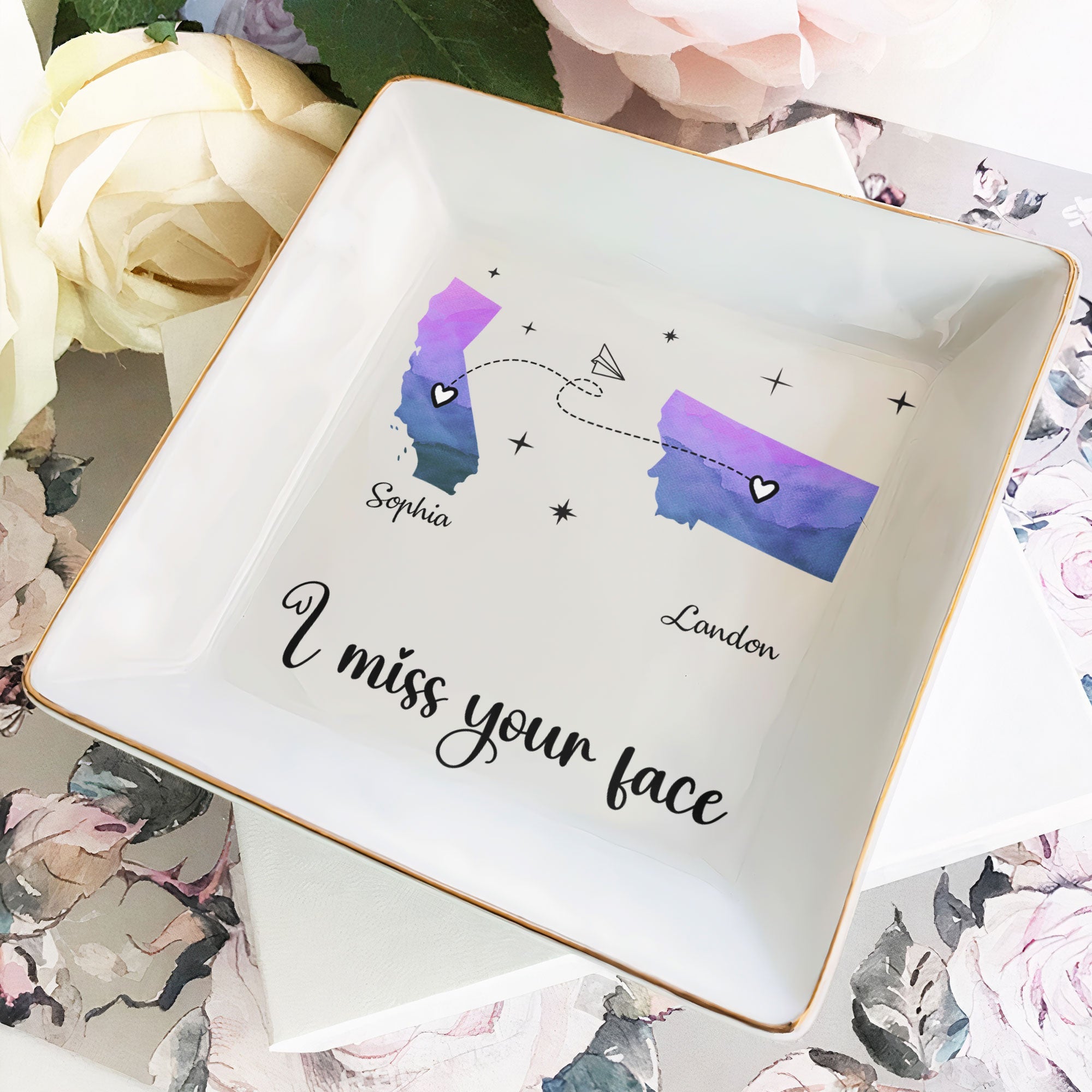 Custom 'I miss your face' jewelry dish with two states, perfect friendship gift