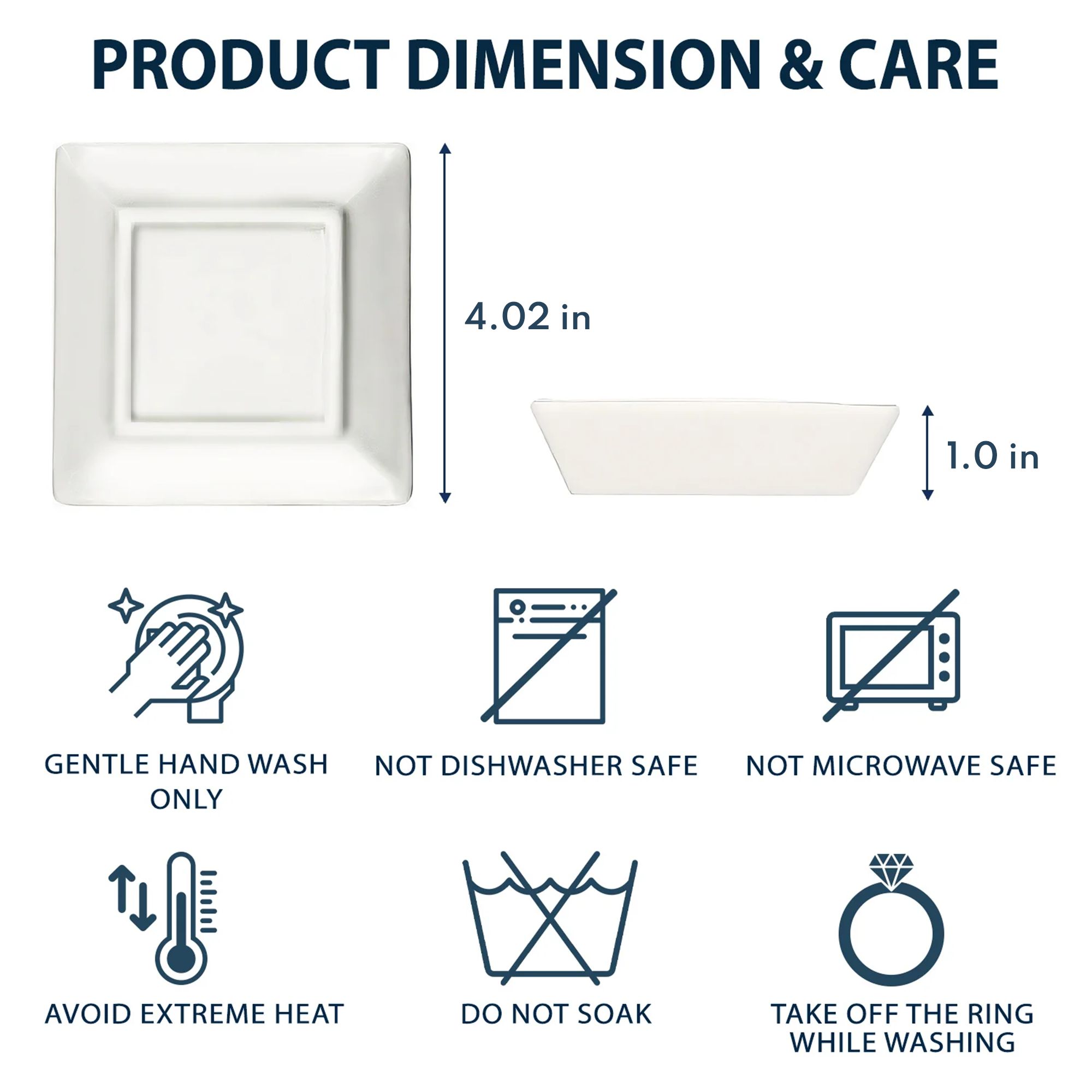 Ceramic jewelry dish dimensions and care instructions, hand wash only, not dishwasher safe.