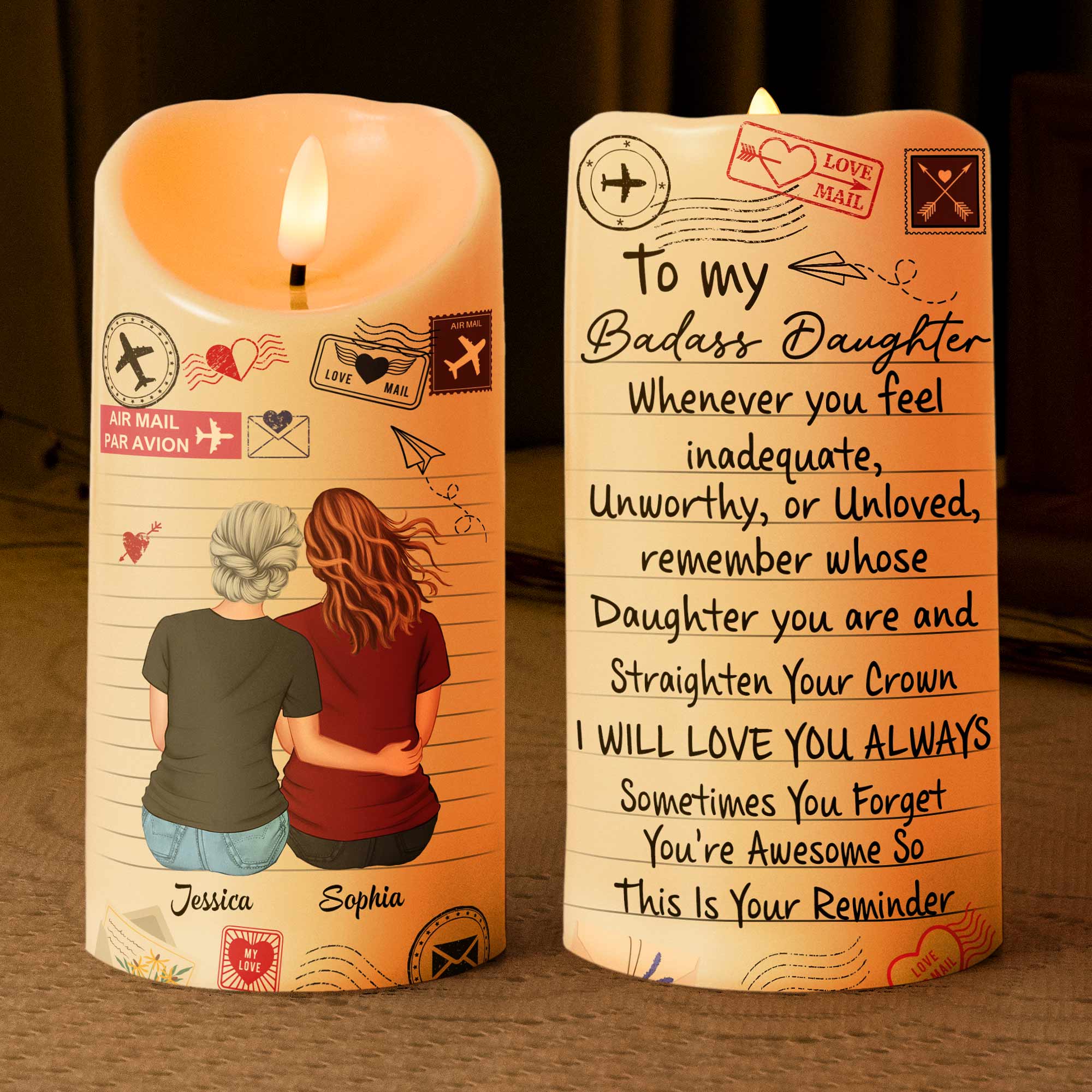 Personalized LED candle for daughter: 'I'll Love You Always' with a hugging image, safe flameless design, ideal gift