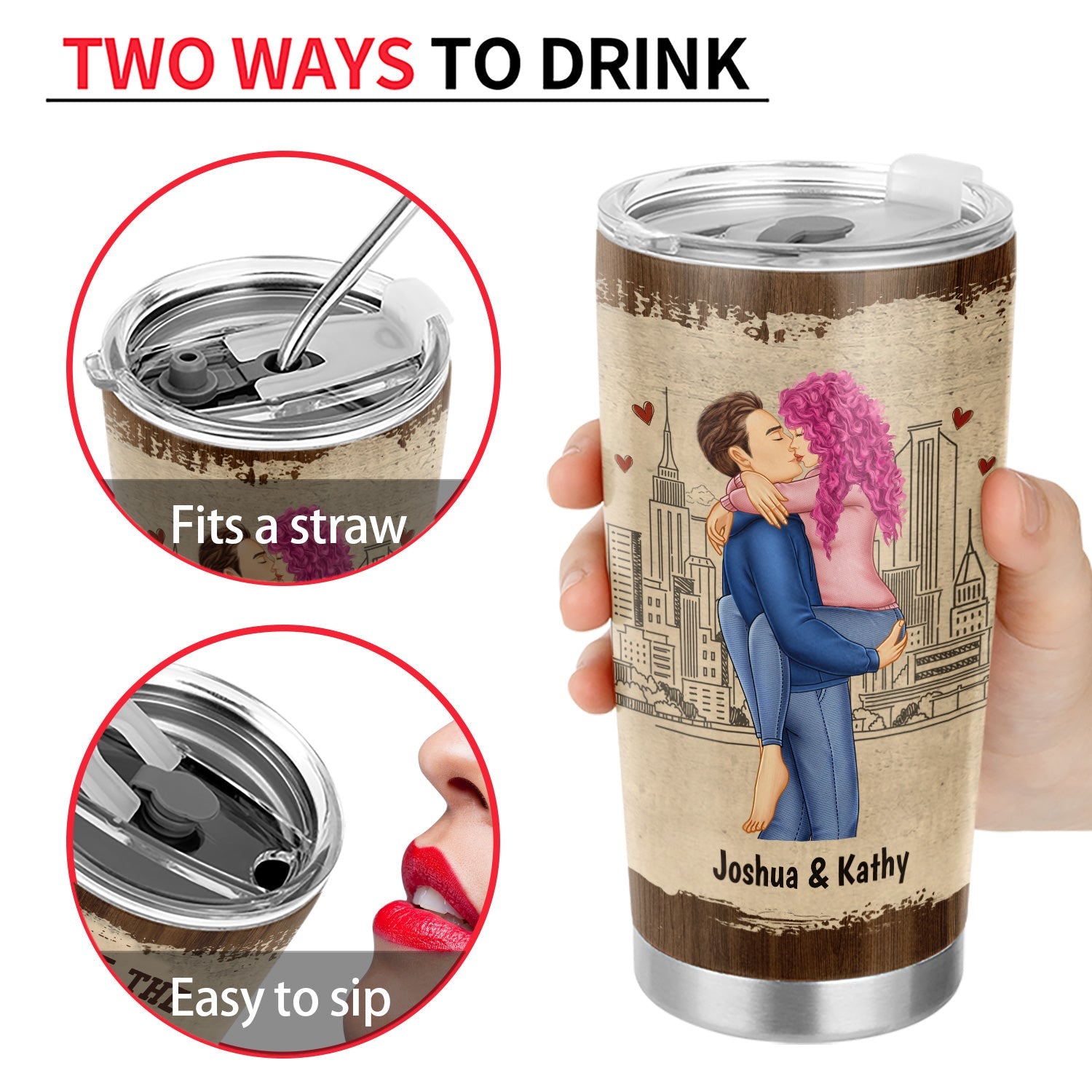 Personalized Kissing Couple Tumbler - Stainless steel thermos with couple design and romantic text, ideal gift.