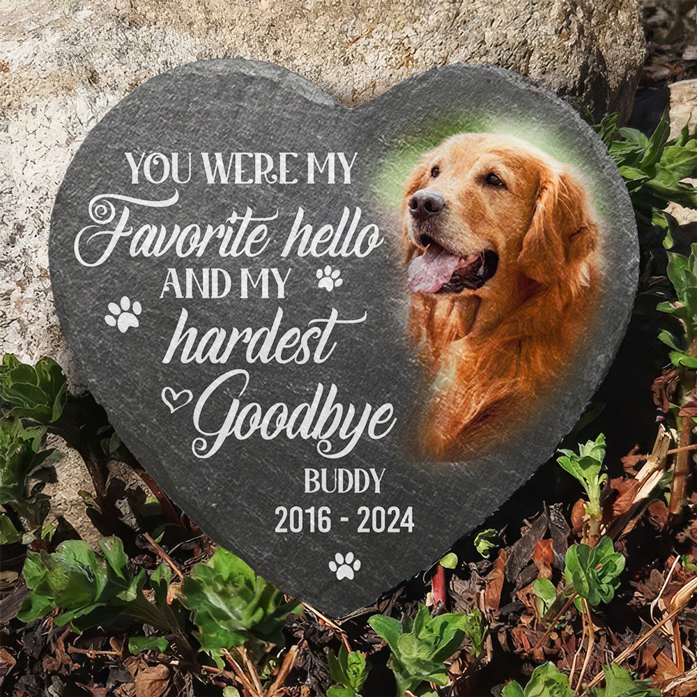 Custom pet memorial stone with golden retriever, "Your memory...hardest goodbye" inscription.