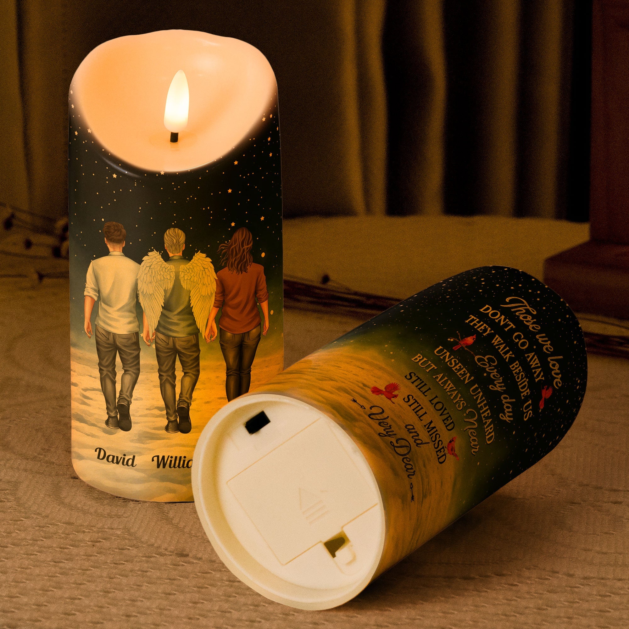 Personalized LED Memorial Candle with printed design, a comforting tribute to loved ones, flameless and safe.