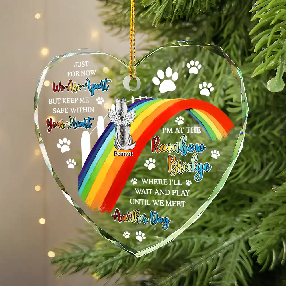 Personalized Heart-Shaped Glass Ornament with Rainbow Bridge Design - Pet Memorial