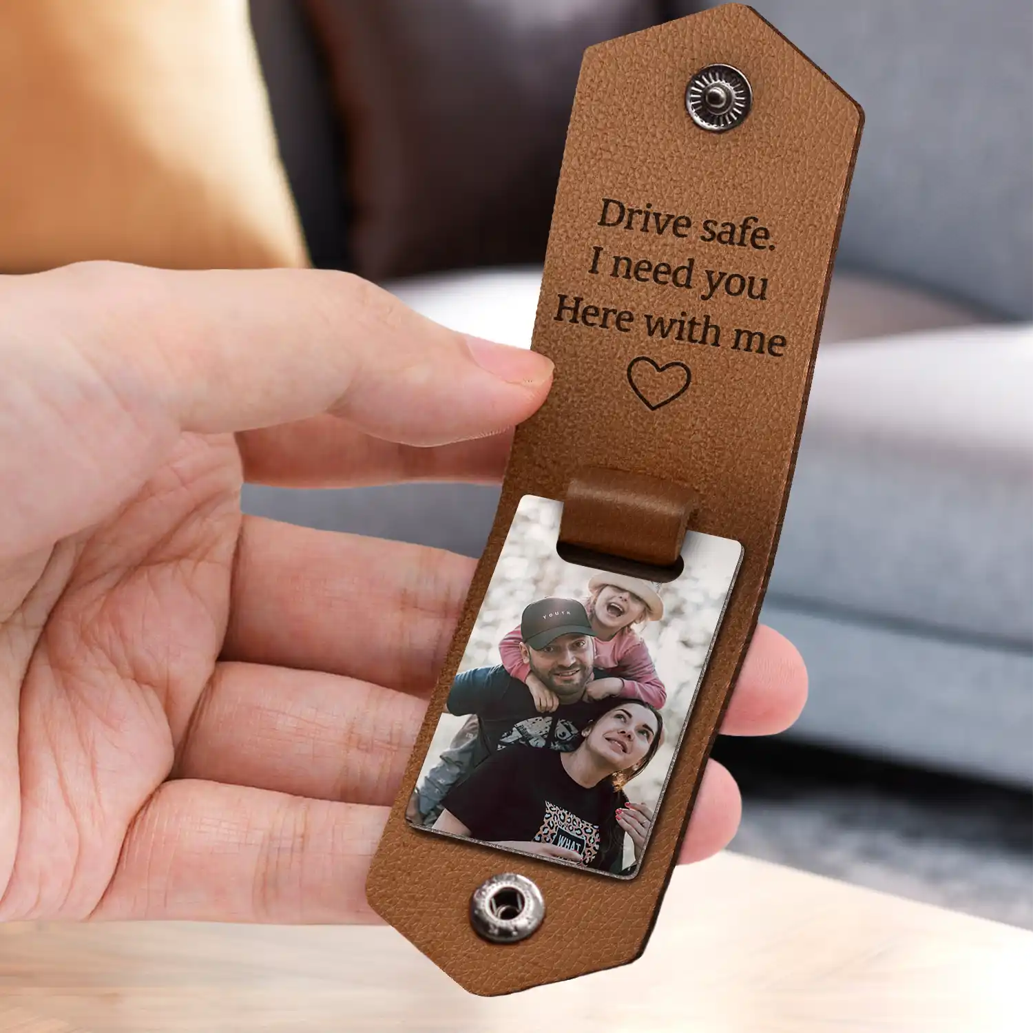 Photo Keychain for Dad, Brown Leather, Engraved with 'Drive Safe', Personalized Gift