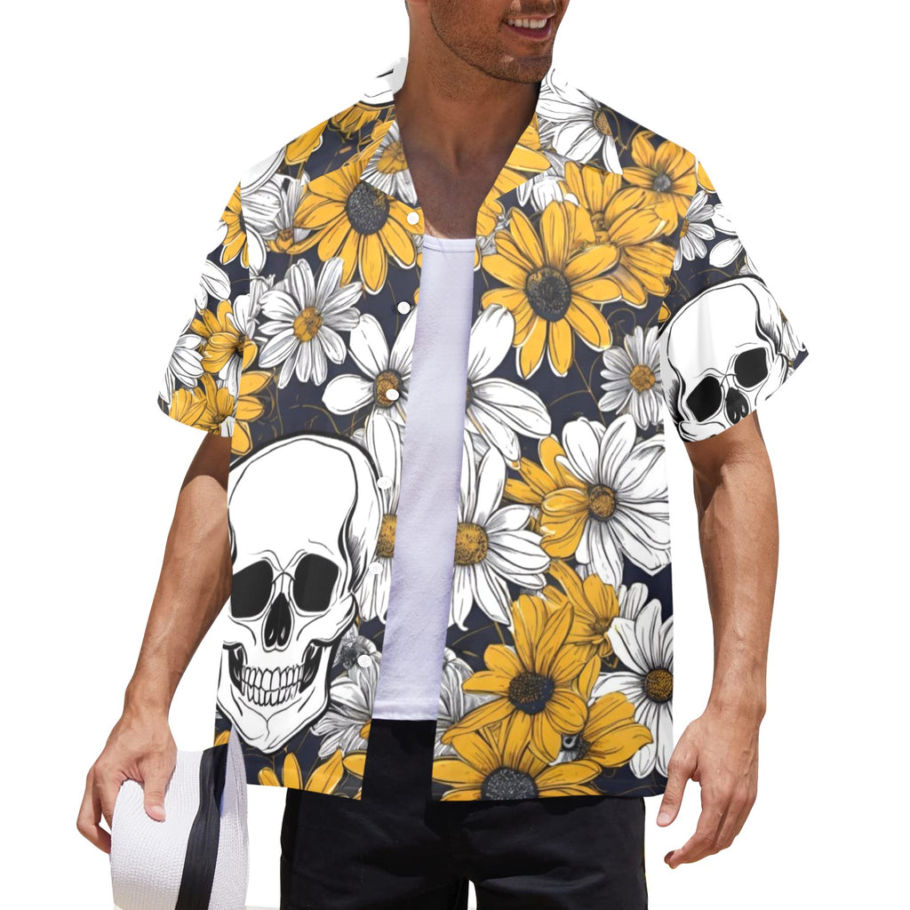 Men's All Over Print Hawaiian Shirt SKULLS AND DAISIES