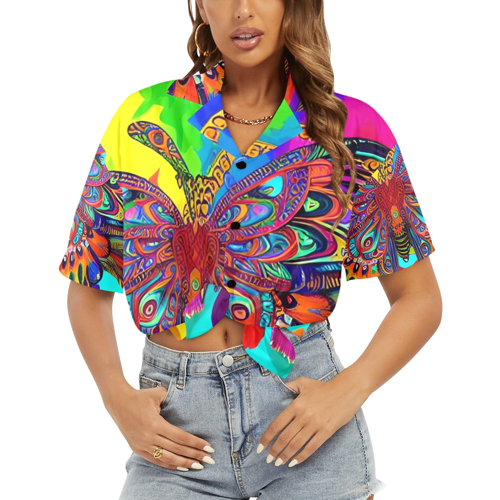 Women's All Over Print Hawaiian Shirt NEON BUTTERFLY
